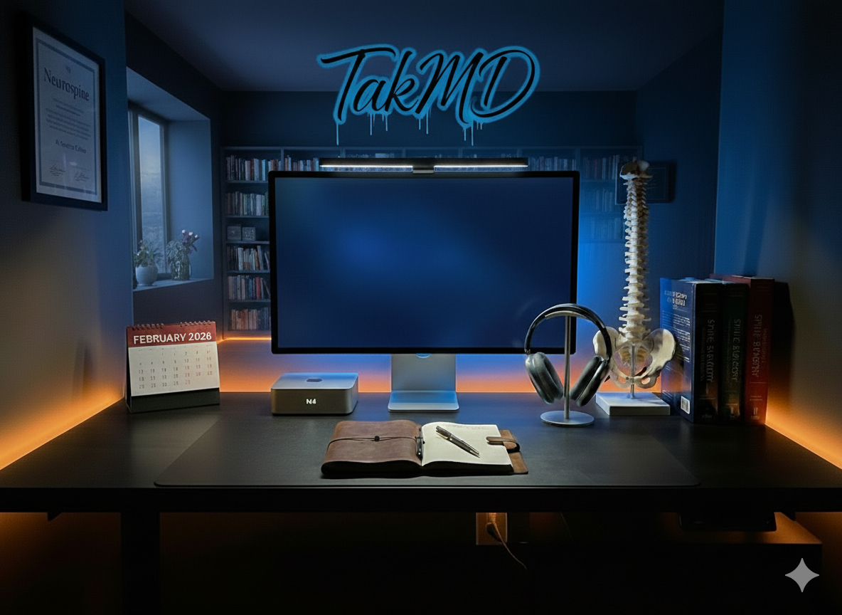 Desk setup with monitor, keyboard, and accessories